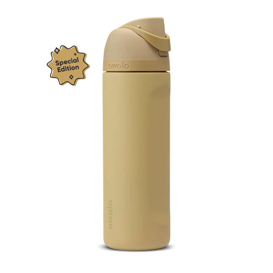 FreeSip 24oz Autumn Vista; warm sandy tan body with matching tan flip cap, lighter cream-tan carry loop, and tan lid